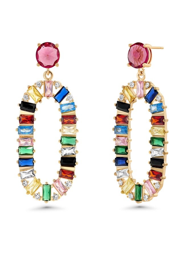 SNGIA Huggie Earrings, Gold Plated, Red, Pink, Sparkly Rhinestone Rectangle Dangle Earrings, Geometric Drop, Multi Color, Gemstone, Chunky Hoop, Dangling, Rhinstone, Women - Image 1